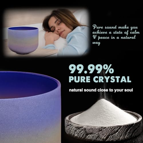 440HZ 6\"-12\" Set of 7 PCS Quartz Rainbow Crystal Singing Bowls Set Sound Healing with Carrying Case Mallet and Suede Striker