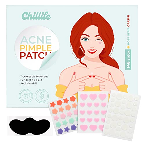 CHILLIFE Set de 146 parches antiacné - tratamiento facial invisible con hidrocoloide, eliminador de granos y espinillas - incl. banda para puntos negros de la nariz