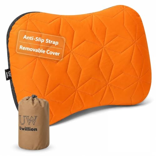 UWILLION Inflatable Camping Pillow with Removable Washable Cover, Ultralight Compact Air Pillow for Backpacking, Hiking, Travel & Camping, Ergonomic Neck and Lumbar Support Blow Up Pillow – Orange
