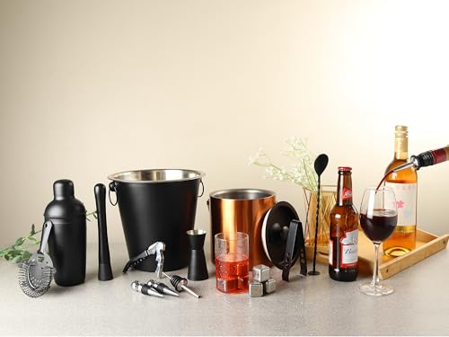 Image of Car-O-Bar Bar kit | Bar Set for Home - Bartender Kit :Cocktail Shaker, Bar Spoon, Jigger, Muddler, Strainer, Wine & Beer Bottle Opener, 2 Pour Spouts, Tong (with Ice Bucket)