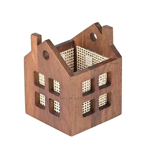 Image of Brick Brown Premium Wooden Maison Cutlery Holder Spoon Stand for Kitchen | Cutlery holder for Dining table | Wooden Caddy Storage Organiser Stand | Caddy Holder(4.5x4.5x5.8 inch)