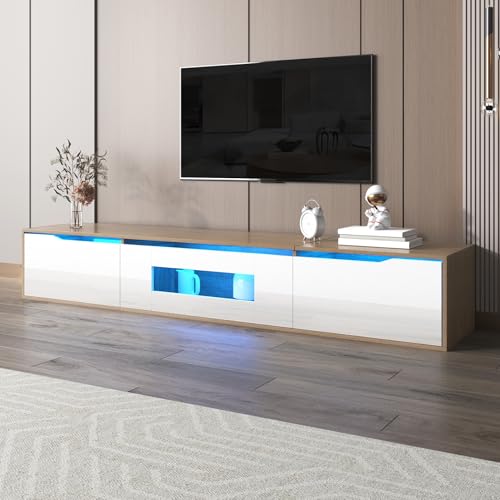 Meuble TV 180 cm Laqué Brillant et Bois avec Éclairage LED Multicolore (16 Couleurs), Portes...