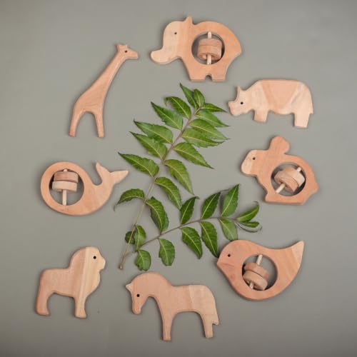 Image of Natural Neem Wood Baby Teether - Handmade Animal Shape Wooden Toy - Non-Toxic, Organic Chew Aid for Teething - Safe for Gums - Biodegradable, Eco-Friendly Gift for Infants & Toddlers (Neem Wood Baby Teether Set -9)