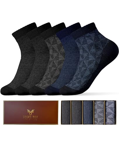 Mens Ankle Socks, Premium Quality Bamboo Rayon Ankle Socks, Patterned, 5 Pairs, Gift Box, Size 8-14