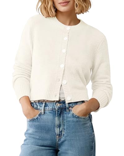 Women's Long Sleeve Cropped Cardigan Sweater Crew Neck Button-Down Shrug Sweaters
