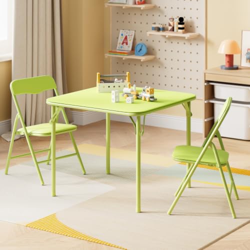 Image of JOYMOR Kids Folding Table and Chairs Set, 3-Piece Metal Frame Activity Set with Easy-Fold Design for Playroom & Classroom, Green