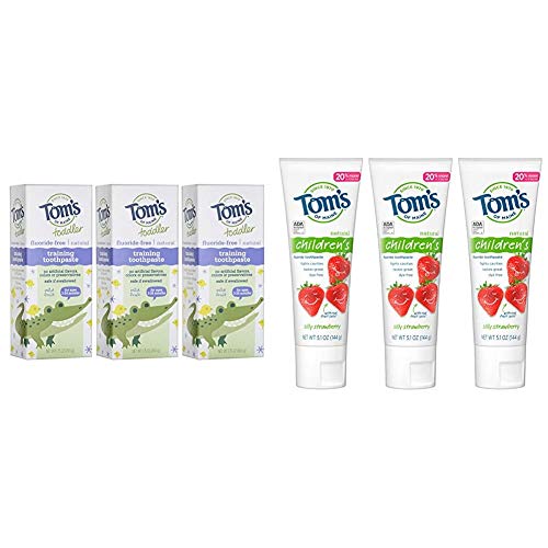 Tom's of Maine Toddlers Fluoride-Free Natural Toothpaste in Gel, 3 Count with Tom's of Maine Anticavity Fluoride Children's Toothpaste, Kids Toothpaste, Natural Toothpaste, Silly