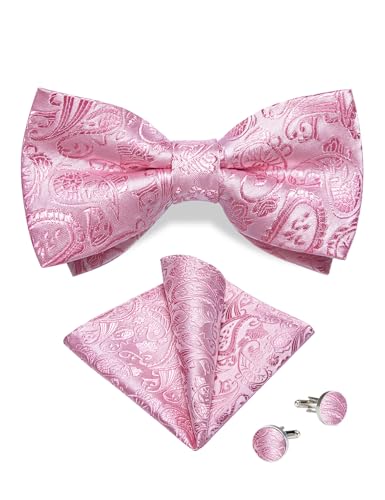 Image of DiBanGu Paisley Pre-Tied Bow Ties for Men Silk Adjustable Bowtie and Pocket Square Cufflinks for Wedding Party