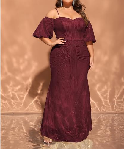 Image of Women's Plus Size Off The Shoulder Puff Sleeve Dress Sequin Formal Maxi Evening Cocktail Party Gowns