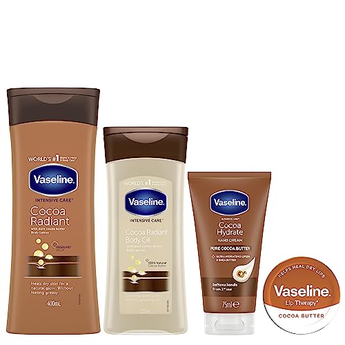 Vaseline Intensive Care Cocoa Radiant Body Lotion & Oil, Healthy Hands & Lip Therapy Regime Bundle 4 Piece