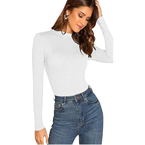 VIIOO Women's Basic Long Sleeve Mock Neck T-Shirt Solid Slim Half Turtleneck Cotton Top(White,M) Cover