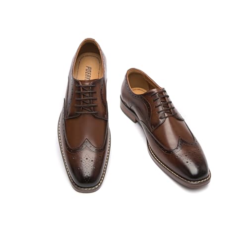 Poerkan Zapatos de vestir formales Oxford & Derby para hombre: zapatos clásicos de cuero con cordones en negro y marrón con detalles de brogue de charol, Brown, 44 EU
