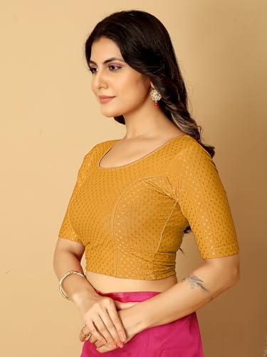 Image of Amazon Brand - Anarva Round Neck Dobby Cotton Lycra Stretchable Elbow Half Sleeve Readymade Saree Blouse for Women Stylish