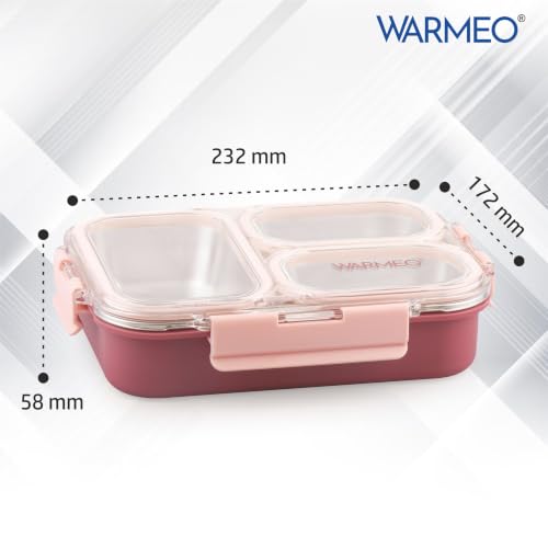 Image of WARMEO BENTO Microwave-Safe Stainless Steel Lunchbox with 3 compartments,bpa Free,Perfect for Office, School, Travelling, 750ml-Pink