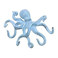 Hampton Nautical Rustic Dark Blue Whitewashed Cast Iron Octopus Hook 11 Inch - Decorative Hook - Sealife Metal Wall Hook