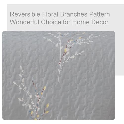 Exclusivo Mezcla Reversible Boho Quilt Set King Size, 3 Pieces Flowers Grey All Season Bedspreads, Ultra Soft Floral Coverlet Bedding Set with Printed Pattern (1 Quilt, 2 Pillow Shams)