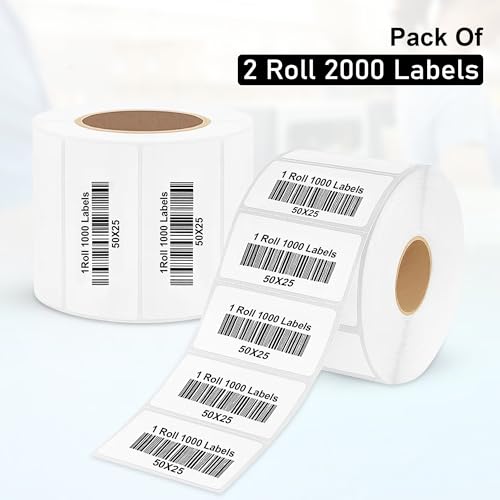 Image of Direct Thermal Sticker Labels 50x25mm (2x1 Inch) - Barcode & MRP Label Roll, 1000 Labels Per Roll, Pack of 2 for Billing & Retail Use