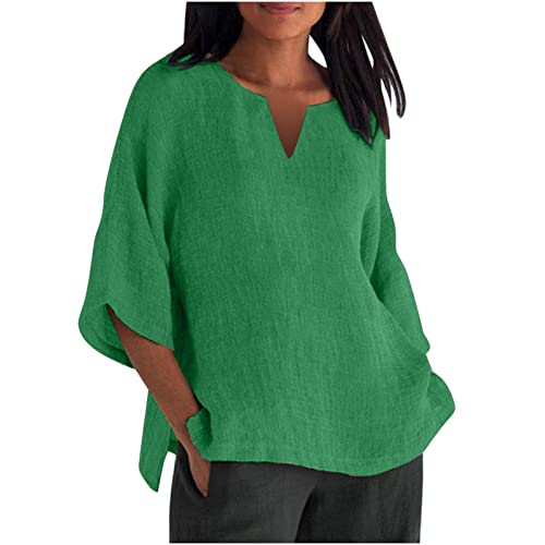Camiseta de Manga Corta Mujer, Moda Verano Color sólido Lino de algodón Blusa Camisa Cuello Redondo Camiseta Suelto Tops Fiesta tee Elegante cómodo Jersey Talla Grande 2023 Casual T-Shirt