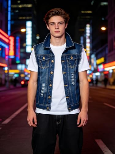 Image of Idopy Men`s American Flag Retro Ripped Denim Jeans Vest Sleeveless Jacket