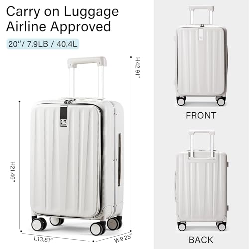Image of Hanke 16 20 24 26 Inch Carry On Suitcase PC Hardshell Luggage Top Open Aluminum Frame Rolling Suitcases with Wheels Travel Luggage for Womem Men, Ivory White Upgrade, 20 Inch, 20 Inch Carry on Luggage