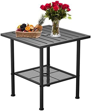 DAWNSPACES Outdoor Side Table 22 Inch with Umbrella Hole for Patio, 2 Layers Modern Metal Waterproof End Table Bistro Dining Table with Adjustable Feet & Storage for Garden Lawn Backyard, Black