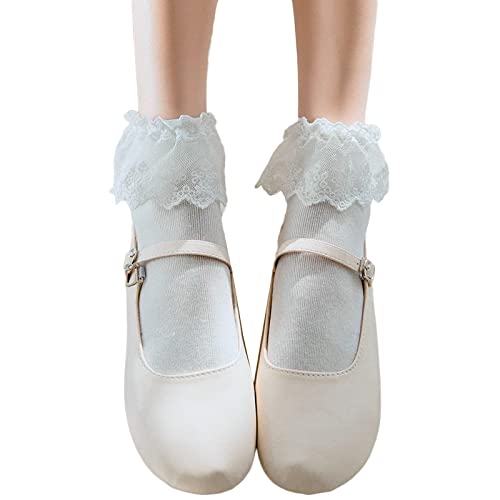 Image of Women's Ruffle Anklet Socks - Breathable Cotton Crew Socks in Solid Colors