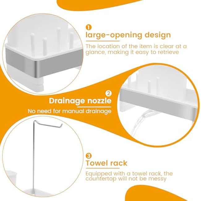 Sponge Holder for Kitchen Sink - Multifunctional Sink Rack with Auto Drain Tray, Rust Resistant Kitchen Sink Organizer with Towel Brush Holder for Countertop (White)