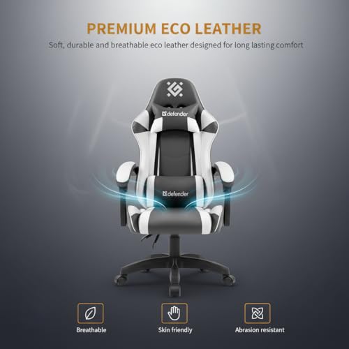 Defender® Gaming Stuhl, Ergonomischer PC Stuhl, bequemer Bürostuhl für Home Office oder Gamer-Sessel, Kopfkissen, Höhenverstellbar, Computerstuhl, Computersessel, Weiss-Grau