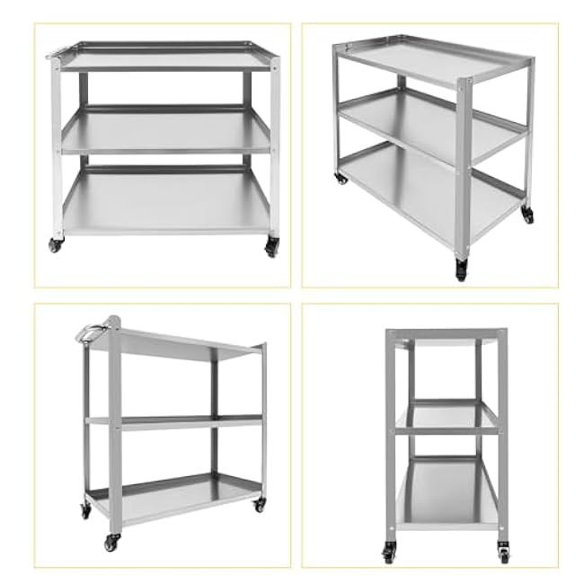 Stainless Steel Table with Wheels, 3-Tier Rolling Cart, Stainless Steel Kitchen Trolley Cart | 300lbs Load Capacity | 4 Universal Wheels | Silver | 31X16X34in-ITUbh1Mh