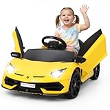 HAUSPROFI Kinder Elektroauto Lamborghini, 12V Elektroauto für Kinder mit 2,4 G Fernbedienung, Kinderauto Elektrisch mit Hydraulischer Tür, Musik, MP3, LED-Licht, Elektrofahrzeuge für ab 3 Jahre, Gelb