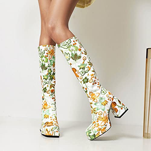 Women's Platform Knee High Boots Chunky High Heeled Boots Colorful Flower Square Toe Fashion Boots Party Dress Shoes4