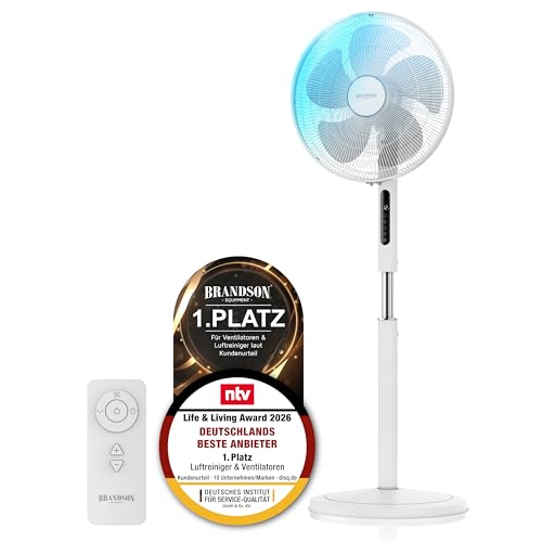 Brandson - Standventilator DC energiesparend ECO - Preisträger 2026 - sehr leise - mit Fernbedienung - Brushless Silent Motor - Oszilation 80° - Ventilator Timer – 12 Stufen