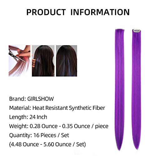 Girlshow 16Pcs Colored Hair Extensions 24 Inch Synthetic Rainbow Clip In Hairpieces For Women Kids Girls (Straight, Multi-Colors) #TOP3