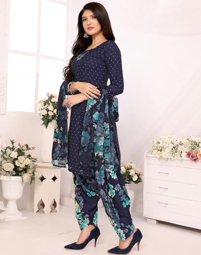 Image of Yashika Women's Printed Dress Material - Unstitched Crepe Fabric Kurti, Pants & Dupatta Set (AZ-YS-P4-BLUE FLOWER)