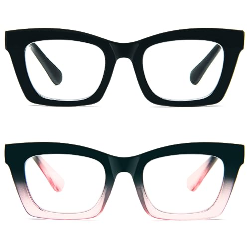 Kodilin 2 Pacco Occhiali da Lettura Vintage Oversize Square Frame Grande Retrò Quadrati Rettangolar Anti Luce Blu per Donna Cerniera a molla Nero+Nero Rosa 3.0