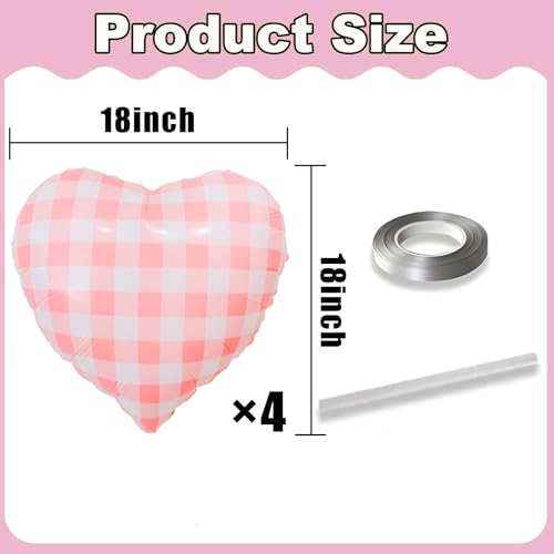 Image of 4pcs 18 inch Pink Heart Checked Balloons Striped Plaid Heart Foil Balloons for Spring Party Decorations Picnic Party Decor Love Theme Birthday Party Wedding Baby Shower Versatile Party Decor