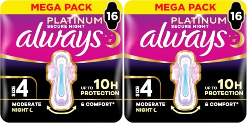 Image of Always Platinum Sanitary Towels Secure Night Size 4 16ct (Pack of 2)