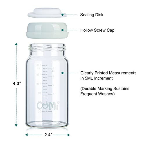 Comi Wide Neck Glass Breastmilk Collection N Storage Bottle, 4 Packs, 6Oz With Screw Ring Sealing Disk; Re-Markable Sealing Disc. Bpa Free, Fits Breast Pumps & Nipples (2 Gray Lids + 2 Pink Lids) #TOP2