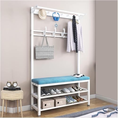 Perchero industrial de pie, con ganchos para zapatos y almohadilla antideslizante para dormitorio, pasillo y sala de estar. Capacidad de carga máxima: 150 kg. Color blanco, 60 x 33 x 170 cm.