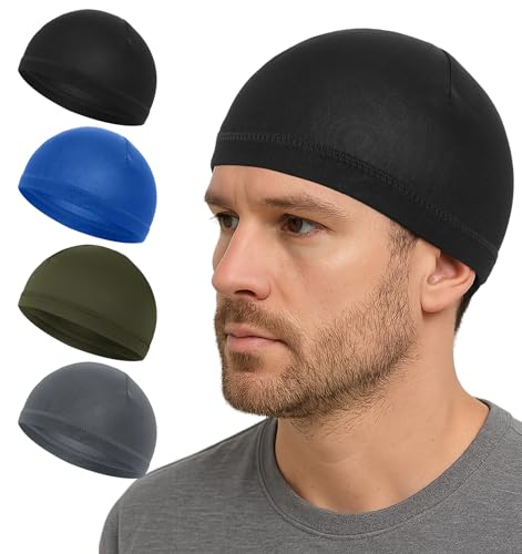 4Pcs Wave Cap for Men Breathable Sleep Cap Men Skull Hat Multifunctional Sweat Absorbent Liner Skull Caps Comfortable for Night Sleeping & Sport Use