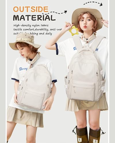 Lightweight School Backpack for Women, College Bag High School Bookbag for Teens Girls Boys, Large Laptop Travel Backpack for Men, Beige2