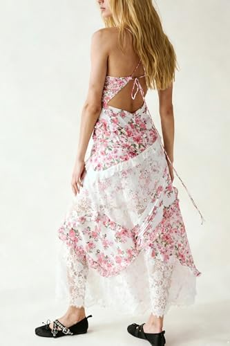 Image of Women Y2k Floral Smocked Maxi Dress Bow Tie Shoulder Tiered Ruffle Midi Sun Dress Boho Casual Beach Long Dresses