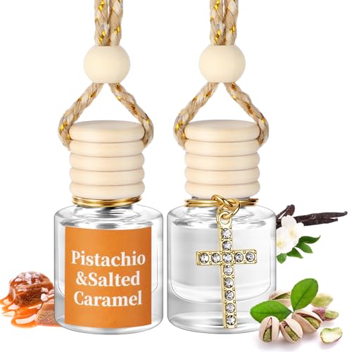 Image of 2 Pack Car Air Freshener Pistachio and Salted Caramel Hanging Essential Oil Diffuser Long Lasting Car Scent Automobile Aromatherapy with Rearview Mirror Accessories(Cross Pendant)