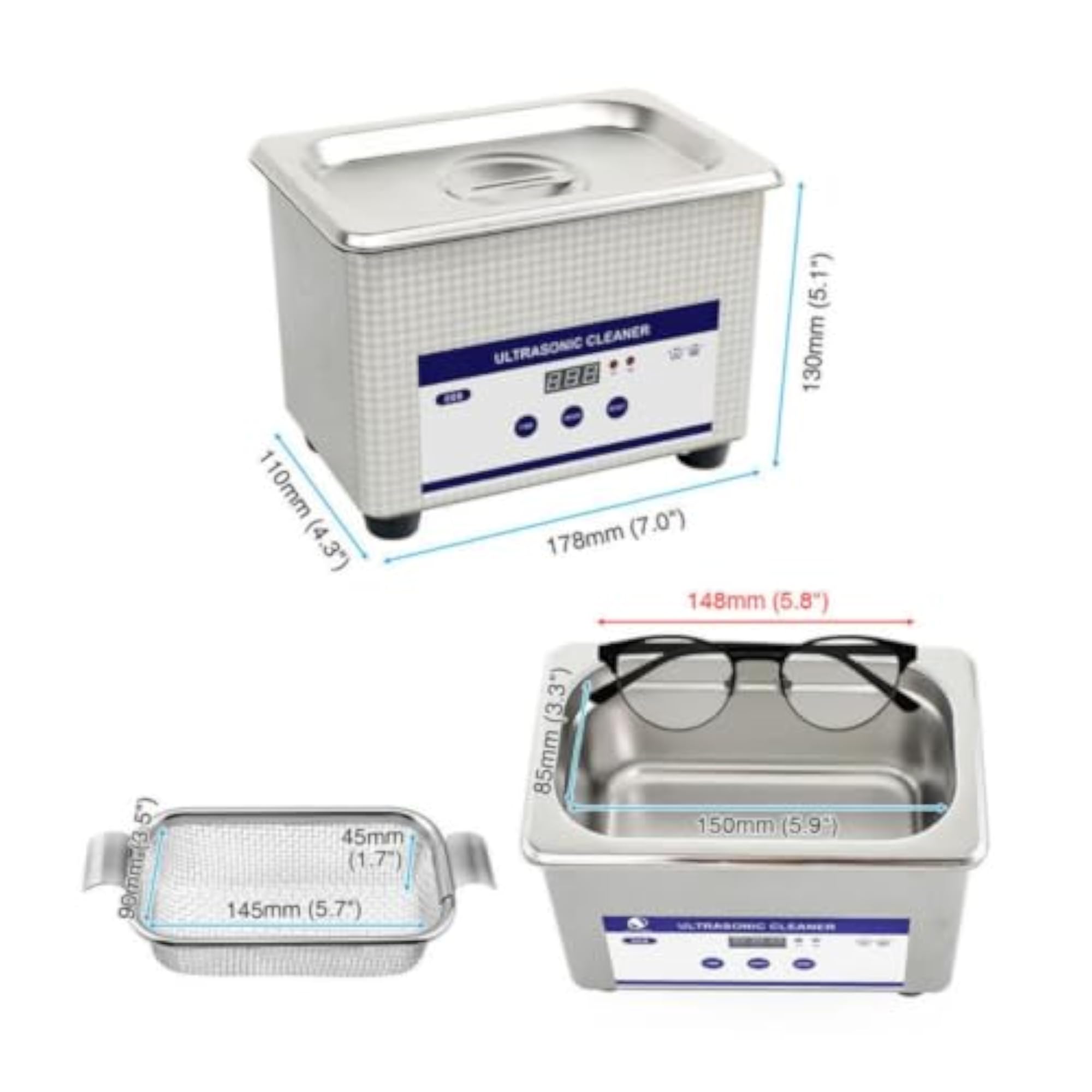 Digital Sonic Cleaner with Basket, Compact Jewelry Cleaner