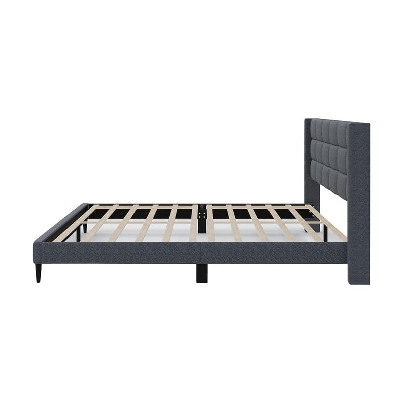 Image of Amazon Brand - Solimo Wood and Fabric Woke Upholstered King Size Bed Without Storage | Wooden Frame, Linen Fabric Headboard, Modern Design, Strong, Durable Furniture for Bedroom, Livingroom (Grey)