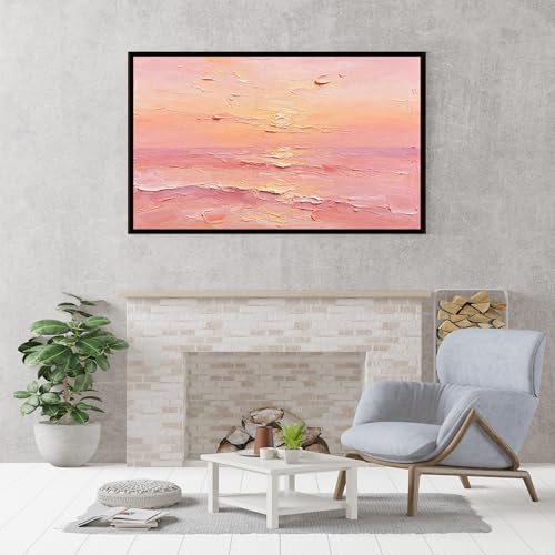 Tableau coucher de soleil rose sur la mer peinture huile salon moderne œuvre texturée