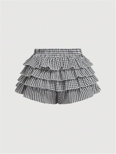 Image of Women Layered Gingham Shorts Cute Bloomers Plaid Shorts | Gingham Ruffle Shorts, Polka Dot Mini Bloomer Shorts, Micro Boyshorts, Tiered, Checkered, Lolita Outfits, Going Out