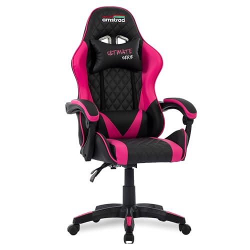 Amstrad Ultimate-Fushia Fauteuil/Chaise de Bureau Gamer Coloris Noir & Fushia - Coussin Lombaire & appuie tête