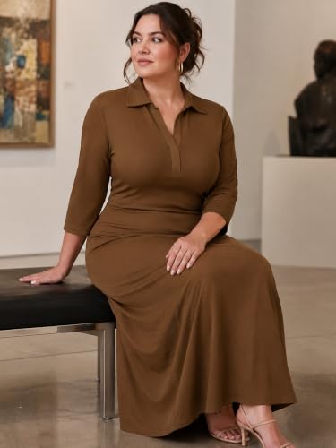 Image of PinkPatty Women's Casual 3 /4 Sleeve Polo V Neck Bodycon Maxi Dress | Semi formal, modest style, long fitted, versatile for church, work, business, office and daily wear