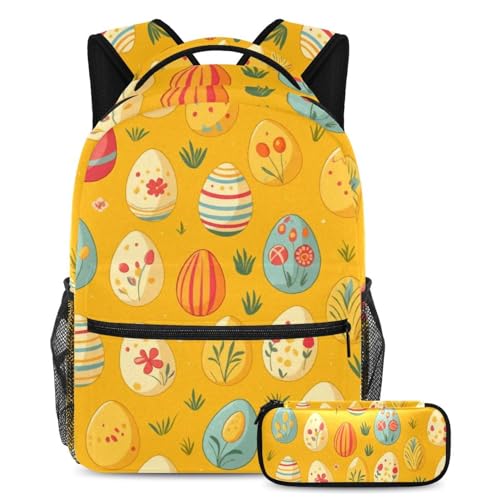 Cartable enfant avec trousse œufs de Pâques jaunes pour école primaire et collège multicolore